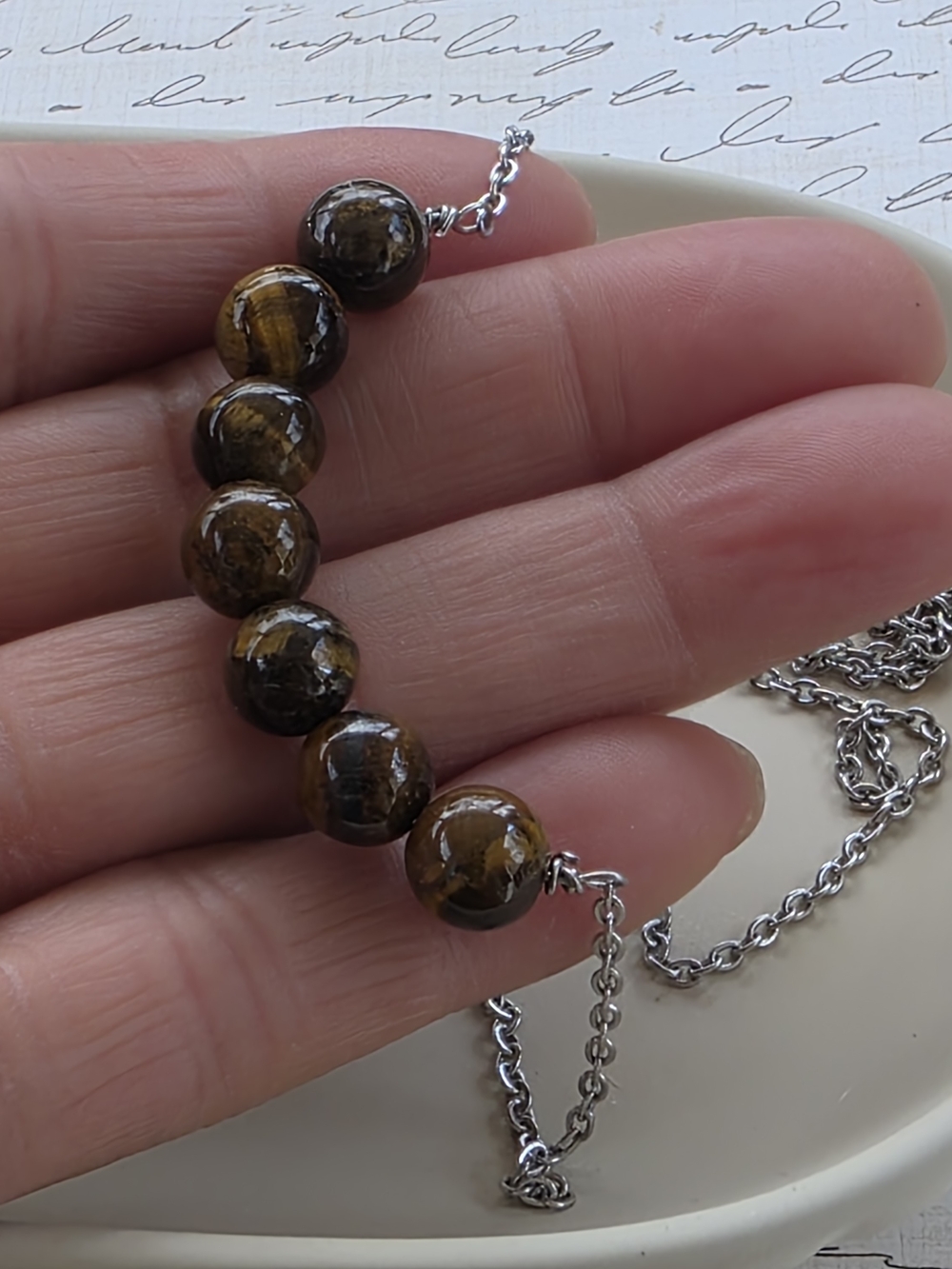 Tiger Eye Bead Necklace - Brown Gemstone Pendant